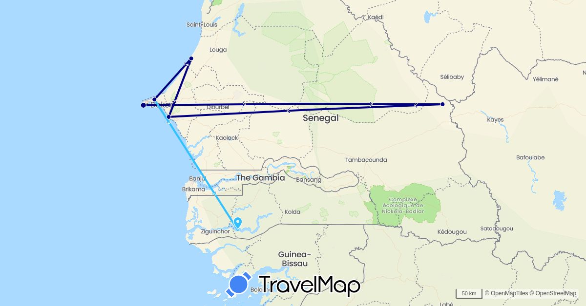 TravelMap itinerary: driving, boat in Senegal (Africa)